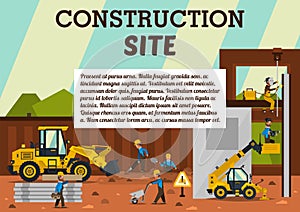 Construction site. The construction of the building. Isolated elements. Builders are doing their job. Front loaders and