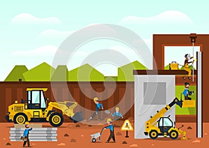 Construction site. The construction of the building. Isolated elements. Builders are doing their job. Front loaders and