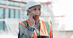 Construction site, contractor and happy woman developer phone call planning for logistics, industrial engineering and