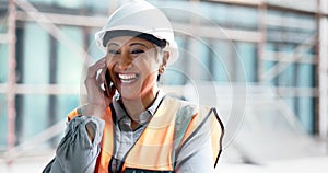 Construction site, contractor and happy woman developer phone call planning for logistics, industrial engineering and