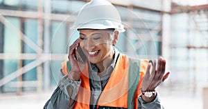 Construction site, contractor and happy woman developer phone call planning for logistics, industrial engineering and