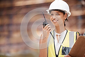 Construction site, contractor and woman talking radio communication, industrial building project management and