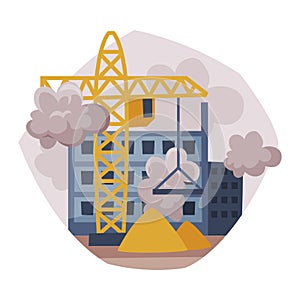 Construction Site with Crane and Building, Industrial City, Ecological Problems, Air Pollution Vector Illustration