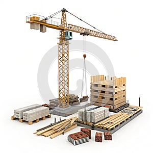 Construction site crane with building materials isolated on white background