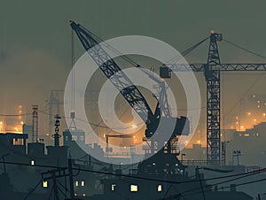 Construction site with crane at evening night light. Industrial construction cranes and building silhouettes at sunrise