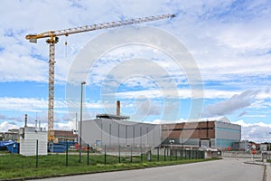 Construction site with crane at the interim storage facility of the former nuclear power plant in Lubmin near Greifswald in photo