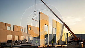 Construction Site: Crane Lifting Concrete Wall Panel