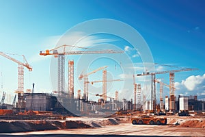Construction site with cranes on blue sky background. 3D rendering, Construction site with cranes and building against blue sky,