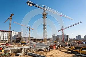 Construction site with cranes and blue sky