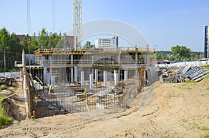 Construction site, cranes, building a house