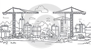 Construction Site with Cranes and Buildings - Black and White Outline Art
