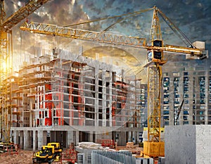 Construction site with cranes and building under construction. 3d rendering