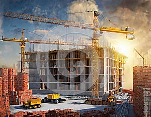 Construction site with cranes and building under construction. 3d rendering