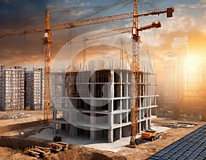 Construction site with cranes and building under construction. 3d rendering