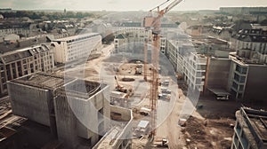 Construction site with cranes and building under construction, toned image