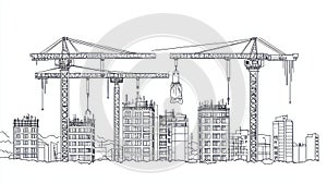 Construction Site with Cranes and Buildings, Industrial Background, Blueprint Style