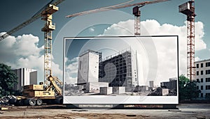 Construction site cranes empty advertising billboard foreground industrial blank building crane progress growth urban city