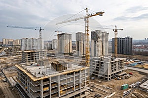 Construction site with cranes and formworks