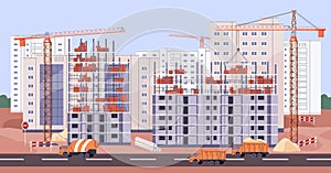 Construction site with cranes and multi-storey buildings, apartment houses. Multistory structures, block of flats, condo