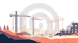 Construction Site with Cranes and Building Framework