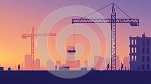 Construction site with cranes and silhouettes of workers. Vector illustration