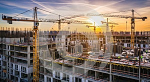 Construction Site with Cranes at Sunset, Urban Development Project