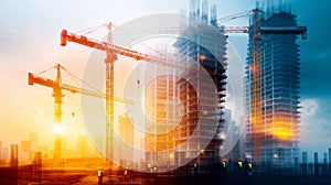 Construction site with cranes and workers at sunset showcasing urban development and teamwork vibrant colors create dynamic