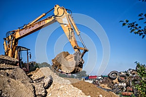 Construction site digger, excavator and bulldozer. industrial machinery on building site