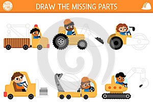 Construction site drawing, writing, tracing activity for kids with special cars and spare parts. What parts of trucks are missing