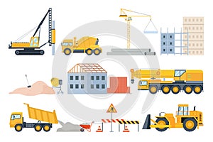 Construction site elements. Material piles, sand and pipes, brick building and machinery. Cement mixer truck, bulldozer