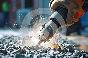 Construction site energy, Close-up of workers using jackhammer to break concrete