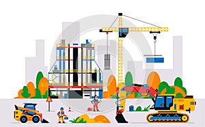 Construction site with equipment and workers. Building under construction against the background of the city. Unfinished