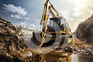 Construction site excavator digger miner excavation building mud heavy powerful hydraulic machinery industrial equipment