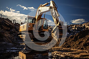 Construction site excavator digger miner excavation building mud heavy powerful hydraulic machinery industrial equipment