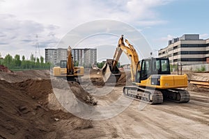 construction site with excavator and dump truck working side by side