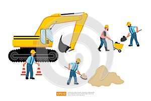 Construction site. excavator Heavy vehicle and Builder or worker set. Vector illustration in flat style