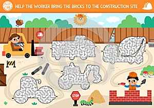 Construction site geometrical mazes for kids with industrial landscape, builders, labyrinths shaped as trucks. Building works