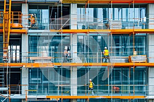 Construction site with a group of workers installing windows in a new building. They are using cranes and lifts to reach