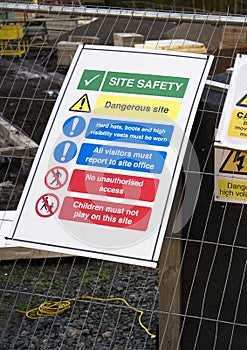 Construction site health and safety message rules sign board signage on fence boundary