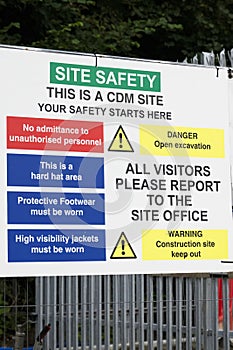 Construction site health and safety message rules sign board signage on fence boundary