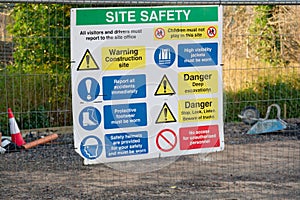 Construction site health and safety message rules sign board signage on fence boundary