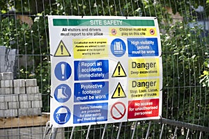 Construction site health and safety message rules sign board signage on fence boundary photo