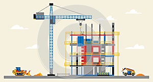 Construction site illustration. Building under construction. Heavy machinery work on site, bulldozer and telehandler