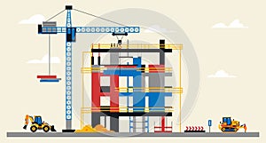 Construction site illustration. Building under construction. Heavy machinery work on site, excavator and bulldozer