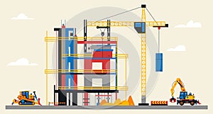 Construction site illustration. Building under construction. Heavy machinery work on site, excavator and bulldozer