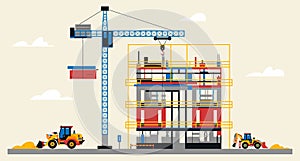 Construction site illustration. Building under construction. Heavy machinery work on site, excavator, large crane