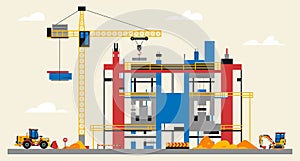 Construction site illustration. Building under construction. Heavy machinery work on site, large crane, unfinished