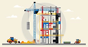 Construction site illustration. Building under construction. Heavy machinery work on site, large crane, unfinished