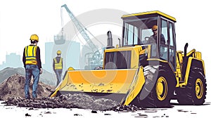 Construction Site Illustration, Yellow Bulldozer and Workers