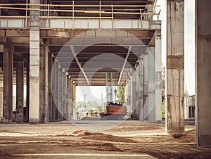 At the construction site of large warehouse, storehouse industrial construction